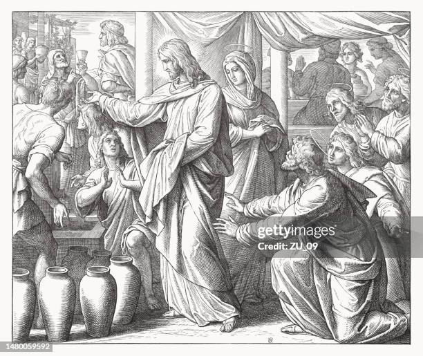 the wedding at cana (john 2), wood engraving, published 1860 - miracle stock illustrations