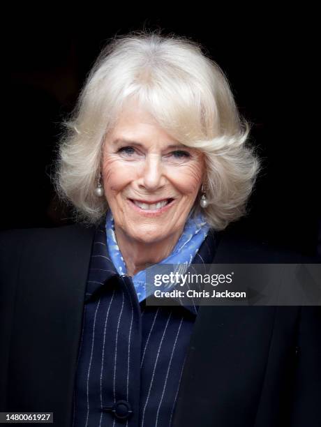 Camilla, Queen Consort smiles as she visits Talbot Yard Food Court on April 05, 2023 in Malton, England. The King and Queen Consort are visiting...