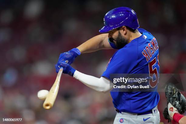 Eric Hosmer of the Chicago Cubs hits a single in the sixth inning against the Cincinnati Reds at Great American Ball Park on April 04, 2023 in...