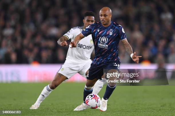 Notts Forest player Andre Ayew in action during the Premier League match between Leeds United and Nottingham Forest at Elland Road on April 04, 2023...