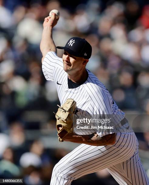 Colten Brewer of the New York Yankees in action against the San Francisco Giants at Yankee Stadium on April 02, 2023 in Bronx, New York. The Yankees...