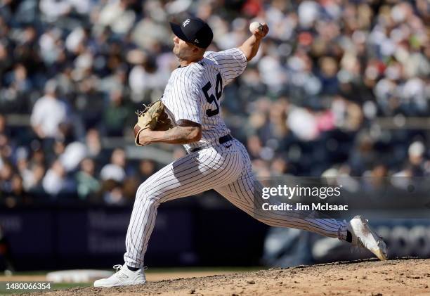 Colten Brewer of the New York Yankees in action against the San Francisco Giants at Yankee Stadium on April 02, 2023 in Bronx, New York. The Yankees...