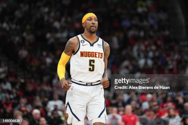 Kentavious Caldwell-Pope of the Denver Nuggets looks on after making a shot during the game against the Houston Rockets at Toyota Center on April 04,...