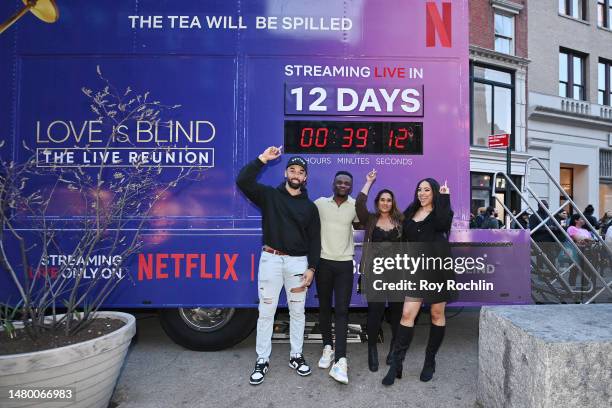 Love Is Blind cast, Bartise Bowden, Kwame Appiah, Deepti Vempati and Bliss Poureetezadi celebrate Netflix's first Live Reunion with the iconic pods...