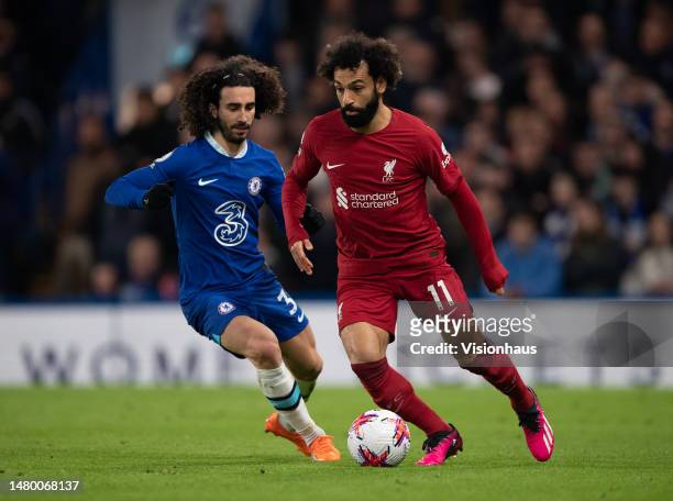 Mohamed Salah of Liverpool and Marc Cucurella of Chelsea during the Premier League match between Chelsea FC and Liverpool FC at Stamford Bridge on...