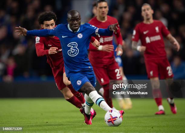 Ngolo Kante of Chelsea and Curtis Jones of Liverpool during the Premier League match between Chelsea FC and Liverpool FC at Stamford Bridge on April...