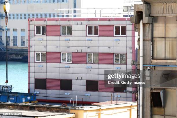 Bibby Stockholm, a barge owned by Bibby Marine Limited, remains docked on April 05, 2023 in Genoa, Italy. The British Home Office has announced that...