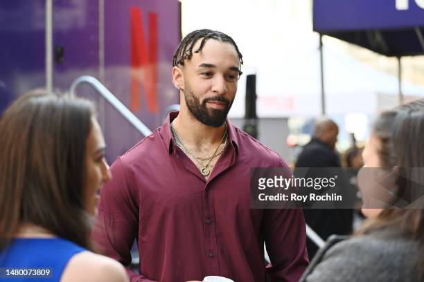 Bartise Bowden chats with fans as Love Is Blind cast celebrates Netflix's first Live Reunion with the iconic pods at Rockefeller Center In New York...