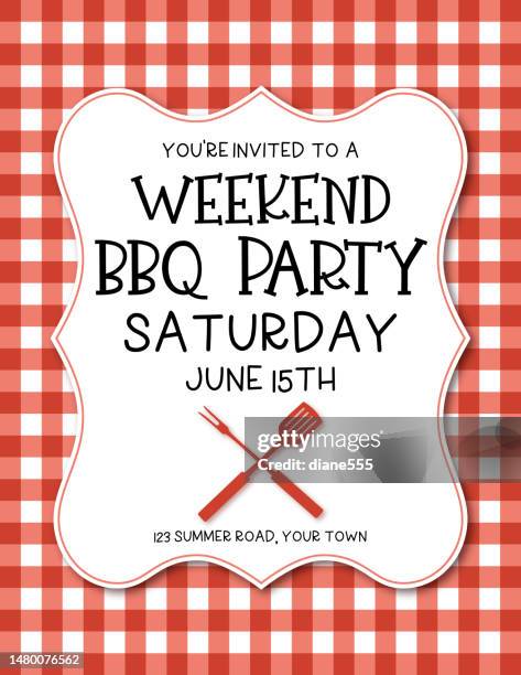 stockillustraties, clipart, cartoons en iconen met bbq invitation template on a checkered tablecloths - picknick