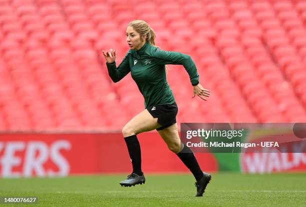 Manuela Nicolosi warms up during a Referee Team Training Session ahead of Women's Finalissima 2023 match between England and Brazil at Wembley...