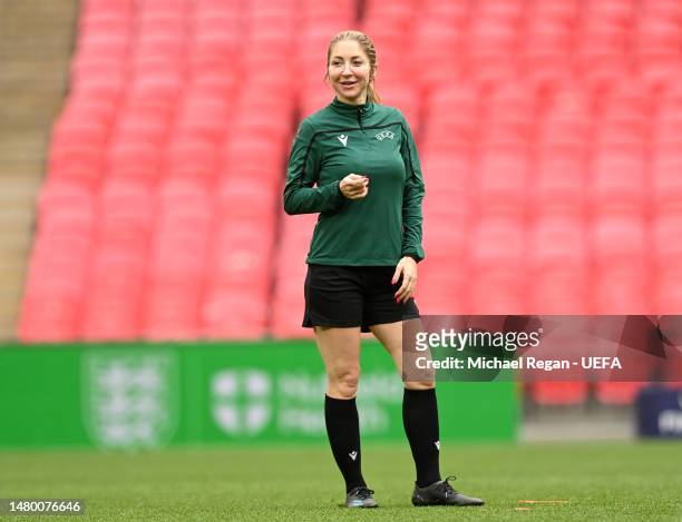 Manuela Nicolosi looks on during a Referee Team Training Session ahead of Women's Finalissima 2023 match between England and Brazil at Wembley...