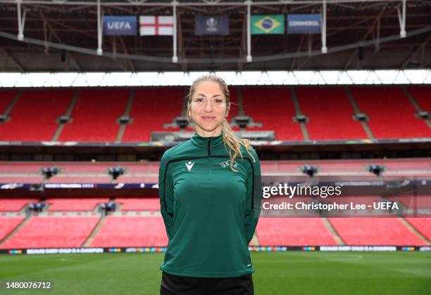 Referee Manuela Nicolosi pose for a photo during a Referee Team Training Session ahead of Women's Finalissima 2023 match between England and Brazil...