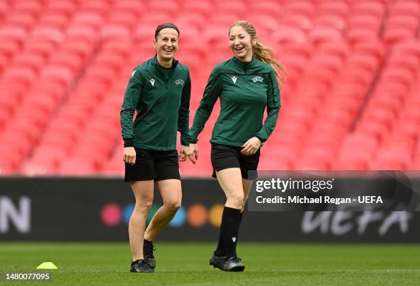 Referees Elodie Coppola and Manuela Nicolosi react during a Referee Team Training Session ahead of Women's Finalissima 2023 match between England and...