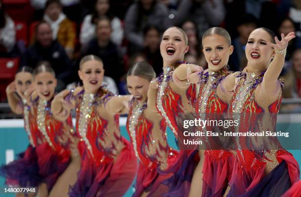 The Helsinki Rockettes perform in the free skate during the ISU World Synchronized Skating Championships at Herb Brooks Arena on April 01, 2023 in...