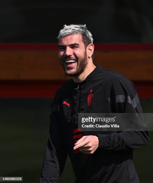 Theo Hernandez of AC Milan smiles during AC Milan training session at Milanello on April 05, 2023 in Cairate, Italy.