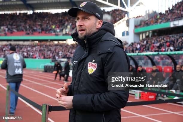 Benjamin Hoeness, Head Coach of VfB Stuttgart, looks on prior to the DFB Cup Quarterfinal match between 1. FC Nürnberg and VfB Stuttgart at...