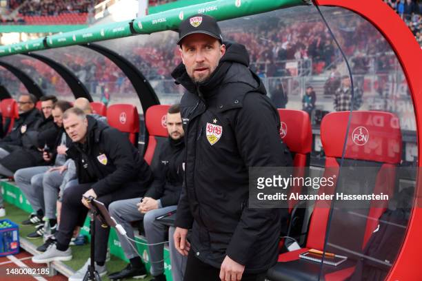 Benjamin Hoeness, Head Coach of VfB Stuttgart, looks on prior to the DFB Cup Quarterfinal match between 1. FC Nürnberg and VfB Stuttgart at...