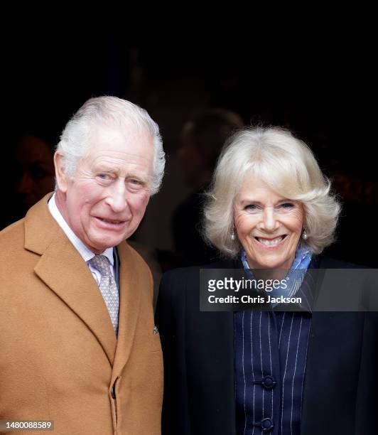 King Charles III and Camilla, Queen Consort visit Talbot Yard Food Court on April 05, 2023 in Malton, England. The King and Queen Consort are...