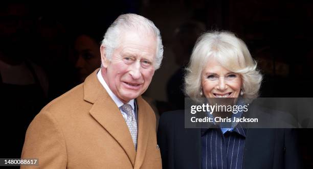 King Charles III and Camilla, Queen Consort visit Talbot Yard Food Court on April 05, 2023 in Malton, England. The King and Queen Consort are...