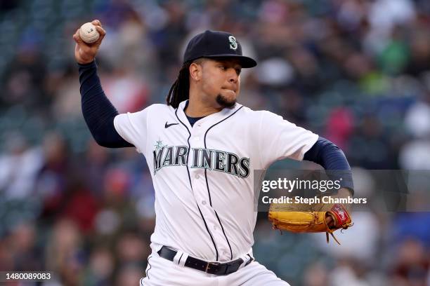 Luis Castillo of the Seattle Mariners pitches during the second inning against the Los Angeles Angels at T-Mobile Park on April 04, 2023 in Seattle,...