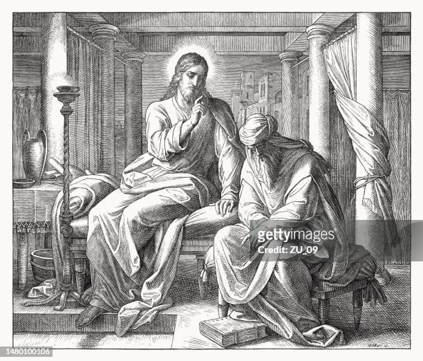 nicodemus visits jesus (john 3, 1-21), wood engraving, published 1860 - jesus talking stock illustrations