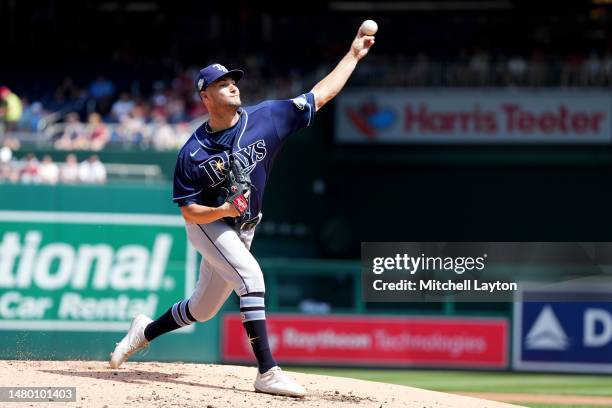 Shane McClanahan of the Tampa Bay Rays pitches in the second inning during a baseball game against the Washington Nationals at Nationals Park on...