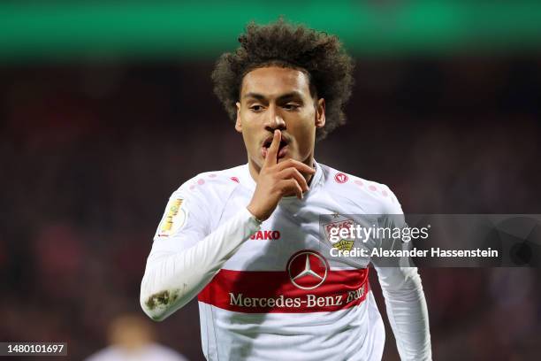 Enzo Millot of VfB Stuttgart celebrates after scoring the team's first goal during the DFB Cup Quarterfinal match between 1. FC Nürnberg and VfB...