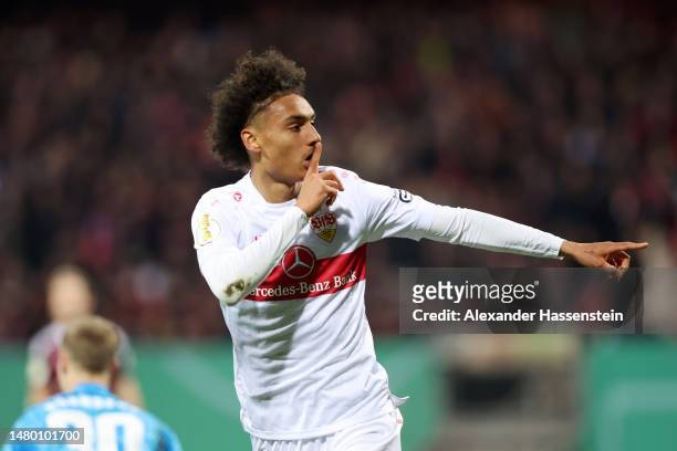 Enzo Millot of VfB Stuttgart celebrates after scoring the team's first goal during the DFB Cup Quarterfinal match between 1. FC Nürnberg and VfB...