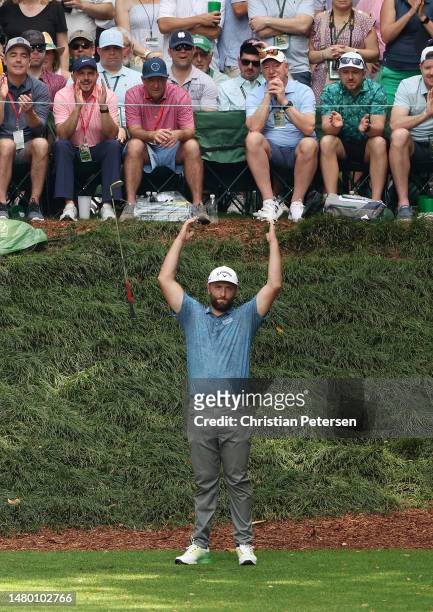 Jon Rahm of Spain reacts to his shot from the ninth tee during the Par 3 contest prior to the 2023 Masters Tournament at Augusta National Golf Club...