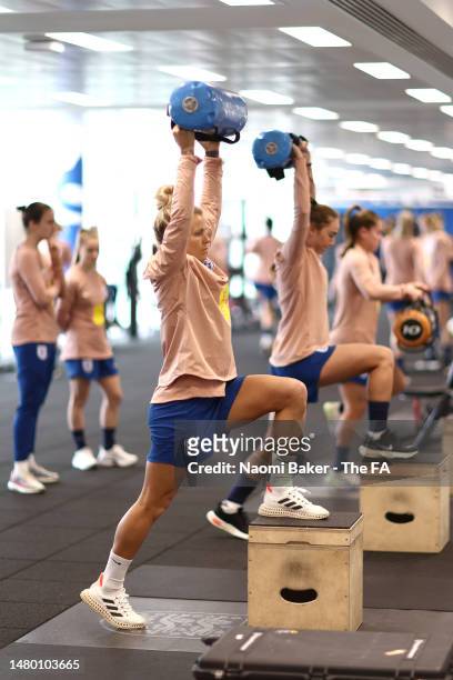 Rachel Daly of England trains in the gym at St George's Park on April 05, 2023 in Burton upon Trent, England.