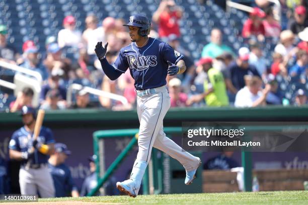 Wander Franco of the Tampa Bay Rays celebrates a two run home run in the third inning during a baseball game against the Washington Nationals at...