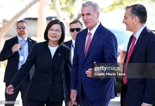 Speaker of the House Kevin McCarthy greets Taiwanese President Tsai Ing-wen on arrival at the Ronald Reagan Presidential Library for a bipartisan...