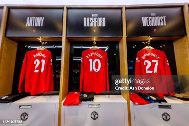 General view inside the Manchester United dressing room prior to the Premier League match between Manchester United and Brentford FC at Old Trafford...