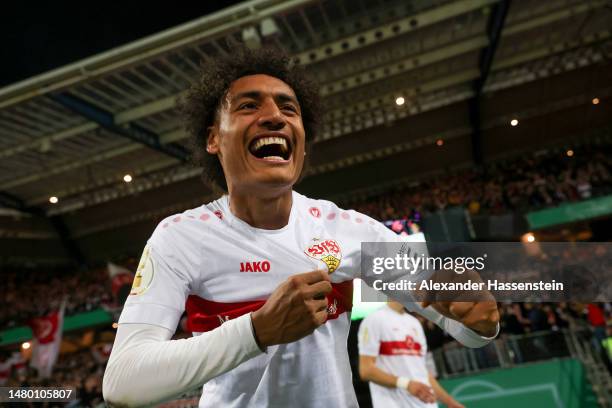 Enzo Millot of VfB Stuttgart celebrates after the team's victory in the DFB Cup Quarterfinal match between 1. FC Nürnberg and VfB Stuttgart at...