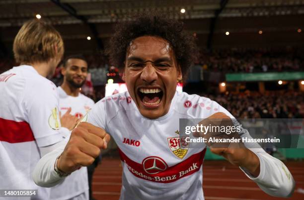 Enzo Millot of VfB Stuttgart celebrates after the team's victory in the DFB Cup Quarterfinal match between 1. FC Nürnberg and VfB Stuttgart at...