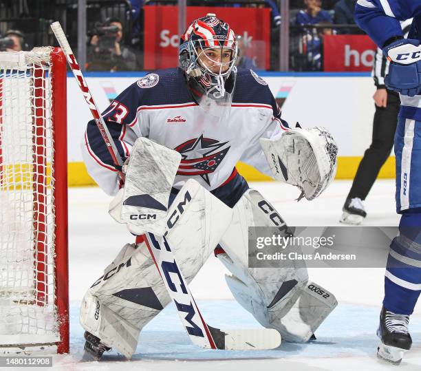 Jet Greaves of the Columbus Blue Jackets plays in his 1st NHL game against the Toronto Maple Leafs at Scotiabank Arena on April 4, 2023 in Toronto,...