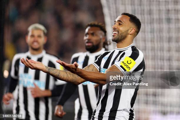Callum Wilson of Newcastle United celebrates after scoring the team's first goal during the Premier League match between West Ham United and...