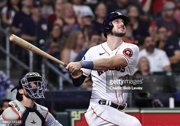 Kyle Tucker of the Houston Astros hits a home run in the fourth inning against the Detroit Tigers at Minute Maid Park on April 05, 2023 in Houston,...