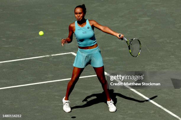 Leylah Fernandez of Canada returns a shot to Paula Badosa of Spain during the Credit One Charleston Open at Credit One Stadium on April 05, 2023 in...