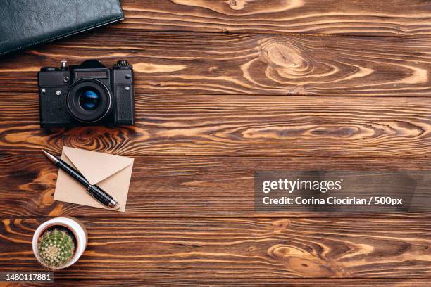 on a wooden table lies a camera,a notebook,a cactus copy space,romania - pen mockup stock pictures, royalty-free photos & images