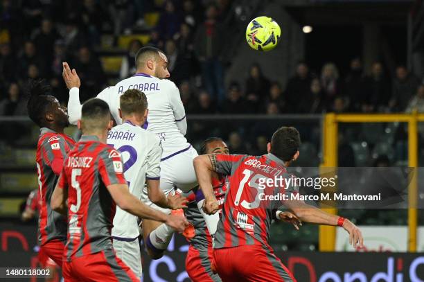 Arthur Cabral of ACF Fiorentina scores the team's first goal during the Coppa Italia Semi Final match between US Cremonese and ACF Fiorentina at...