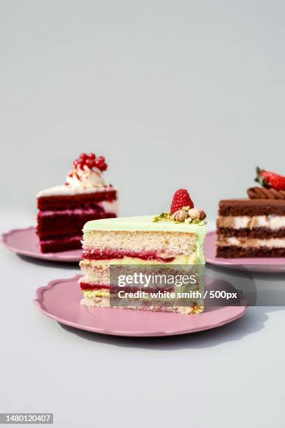 close-up of cake in plate on table against white background,canada - cake slice stock pictures, royalty-free photos & images