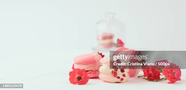 baked red strawberry macarons and rosebuds on a white table,gourmet almond flour dessert,romania - macarons roses stock pictures, royalty-free photos & images