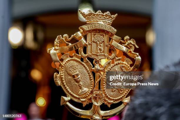 Stamp of the Sacramental Brotherhood Santisimo Cristo de las Tres Caidas during the procession of the Santisimo Cristo de las Tres Caidas on Holy...