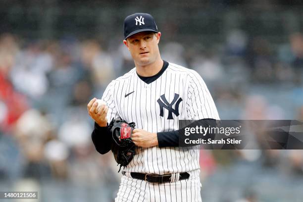 Gerrit Cole of the New York Yankees looks on during the third inning against the Philadelphia Phillies at Yankee Stadium on April 05, 2023 in the...