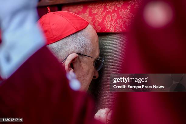 The archbishop of Madrid, Carlos Osoro, during the procession of the Most Holy Christ of the Three Falls on Holy Wednesday, April 5 in Madrid, Spain....