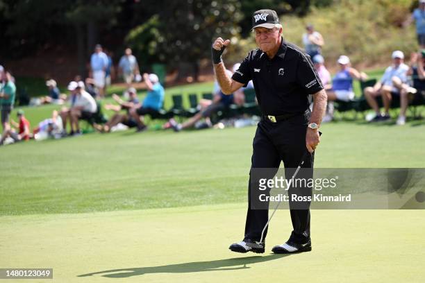 Gary Player of South Africa reacts to a putt during the Par 3 contest prior to the 2023 Masters Tournament at Augusta National Golf Club on April 05,...