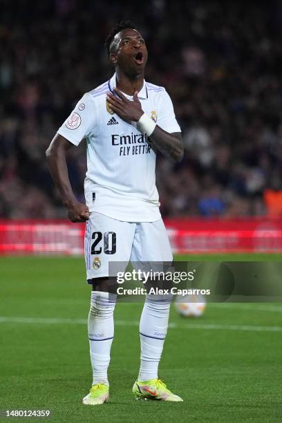 Vinicius Junior of Real Madrid celebrates after scoring the team's first goal during the Copa Del Rey Semi Final Second Leg match between FC...