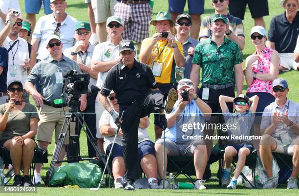 Gary Player of South Africa stretches during the Par 3 contest prior to the 2023 Masters Tournament at Augusta National Golf Club on April 05, 2023...