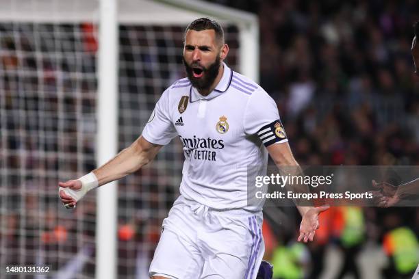 Karim Benzema of Real Madrid celebrates a goal during the Spanish Cup, Copa del Rey, Semi Finals football match played between FC Barcelona and Real...